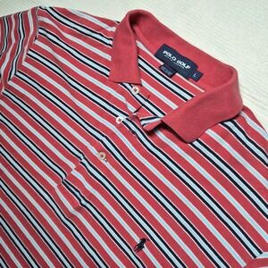 Polo Golf Ralph Lauren Mens Large Polo Shirt Salmon Blue White Striped